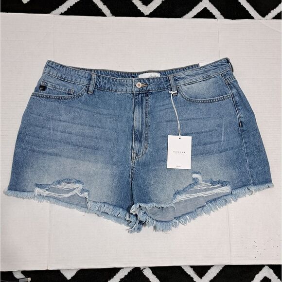 KanCan Denim High-Waisted Distressed Raw Hem Shorts Size 3XL Faded Blue NWT - Picture 8 of 16